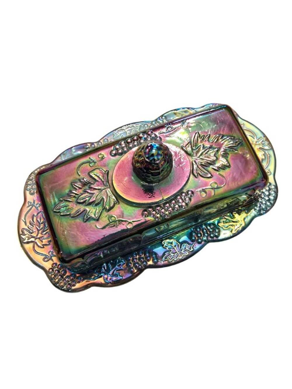 Iridescent Glass Butter Dish Grapevine Pattern Rectangular Indiana Glass JH8029 - Picture 2 of 9